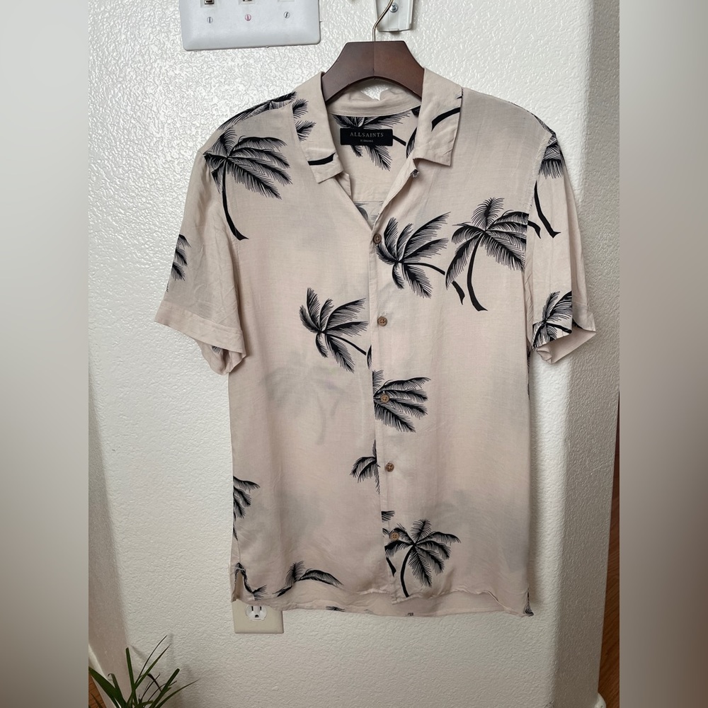 All Saints Palm Tree Silk Short Sleeve Button down, trendy, cocktail party